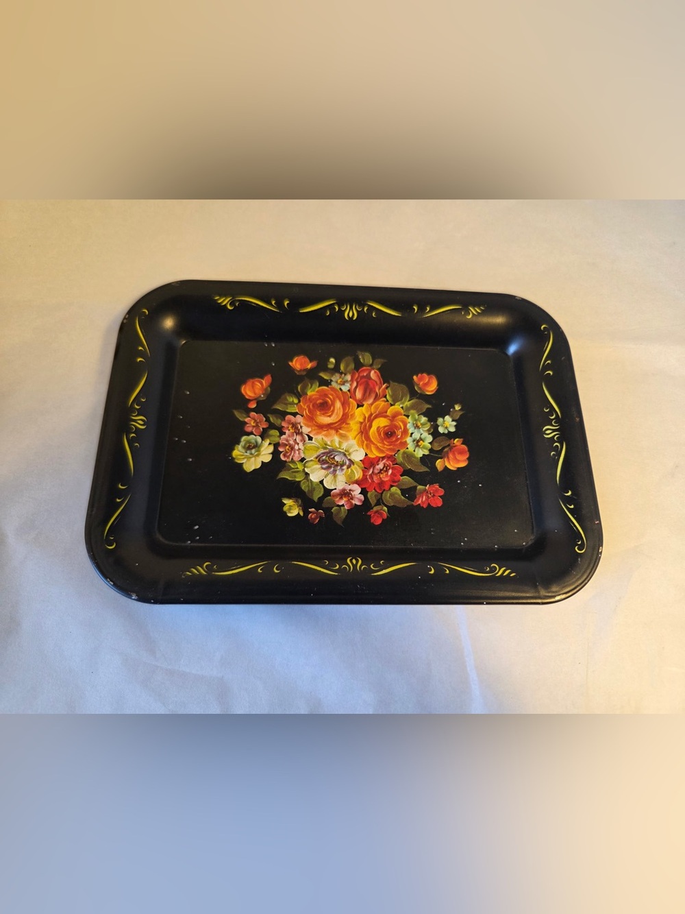 Vintage Black Floral Metal Tole Ware Tray MCM Style 7” Trinket Tray